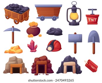 Cartoon mining elements. Mines entrances, coal in wooden trolley, different gem stones. Worker helmet with flashlight and shovel, nowaday vector set