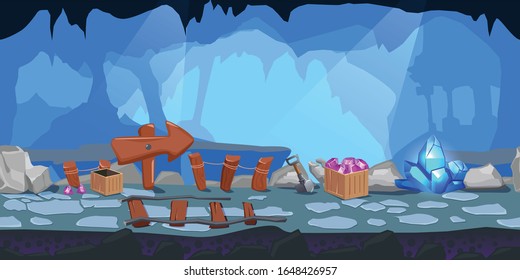 Cartoon mining game level design composition with big wooden pointer inside the cave vector illustration