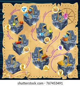 Cartoon mining game template with islands resources dynamite trolleys skull royal crown lantern on map background vector illustration