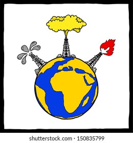 Cartoon of mining rig spewing oil, natural gas, and burning fuel on a globe with the continent of Africa, for the concept of natural resources of the world.
