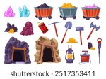 Cartoon mining tools. Miners diggers drilling equipment, detonator miner helmet lamp carts gold coal ore resourcing, mine tunnel entrance geology tool ingenious vector illustration original artwork