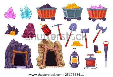 Cartoon mining tools. Miners diggers drilling equipment, detonator miner helmet lamp carts gold coal ore resourcing, mine tunnel entrance geology tool ingenious vector illustration original artwork