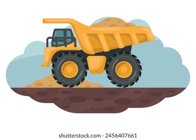 Cartoon of mining truck loading sand. Heavy machinery used in the construction and mining industry