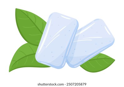 Goma de menta de dibujos animados. Almohadillas de chicle con hojas de menta, el ambientador de aliento mastica dragas Ilustración vectorial plana. Goma de menta sobre blanco