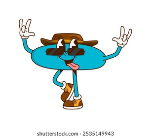 Dibujos animados menos símbolo matemático groovy carácter. Personaje de matemáticas funky de Vector aislado para tareas de sustracción. Divertido Iniciar sesión educativo dapper sombrero, zapatillas de deporte y gafas de sol con expresión de cara peculiar