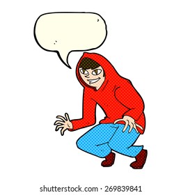 cartoon mischievous boy in hooded top with speech bubble