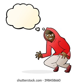 cartoon mischievous boy in hooded top with thought bubble
