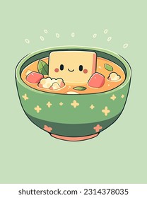 Cartoon of a miso soup bowl with floating tofu and seaweed