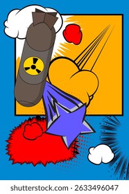 Cartoon Missile bomb, comic book Nuclear. Retro vector comics pop art design.