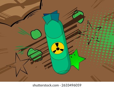 Bomba de misil de dibujos animados, cómic Nuclear. Diseño de arte pop de cómics de Vector retro.