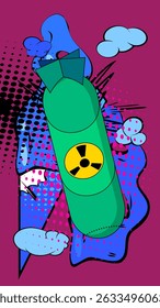 Bomba de misil de dibujos animados, cómic Nuclear. Diseño de arte pop de cómics de Vector retro.