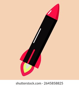 Cartoon missile in tilted position with dynamic fire effect, giving the impression of high-speed launch. Bold colors and strong shapes are ideal for motion or action themed designs.