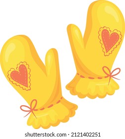 Cartoon mitten pair. Yellow wool gloves with hearts isolated on white background