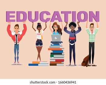 Cartoon Mix Race Students Group Male and Female Characters Hold Capital Letters Education. Laptop on Textbooks Stack. Online Learning, Remote Study, University Class. Flat Poster. Vector Illustration