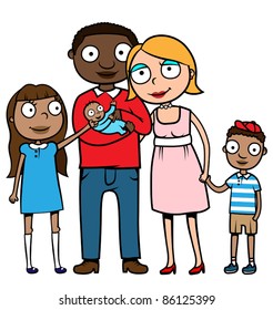 Cartoon mixed ethnicity family,Caucasian mother and black father with their children, vector illustration