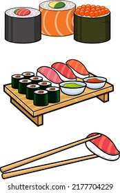 Cartoon Mixed Sushi Set. Vector Hand Drawn Collection Isolated On White Background