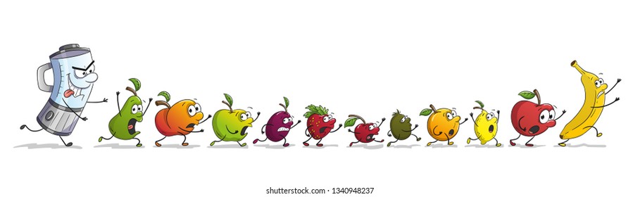 Cartoon mixer chases fresh funny fruit. With separate layers. 