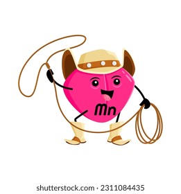 Cartoon Mn micronutrient cowboy or ranger character wear hat and boots spinning lasso. Vitamin personage for healthy diet, nutrition program, dietary education, or mineral supplements promotion