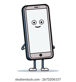 Cartoon mobile device with face standing illustration for tech and communication concepts usage online, phone mockup