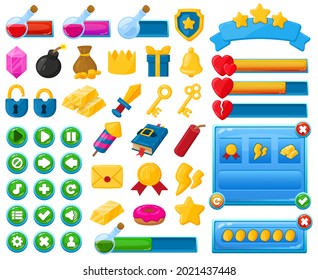 Cartoon mobile game user interface kit elements. Casual game interface menu buttons, trophies and bars vector illustration set. Mobile game user interface icons display with book, key, sack of money