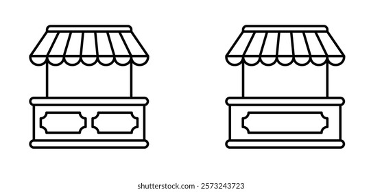 Cartoon mobile market stand or bar icon. Street vendors. Line pattern. Street market stall with Awning for for selling various products. Street stall with black or red awning.