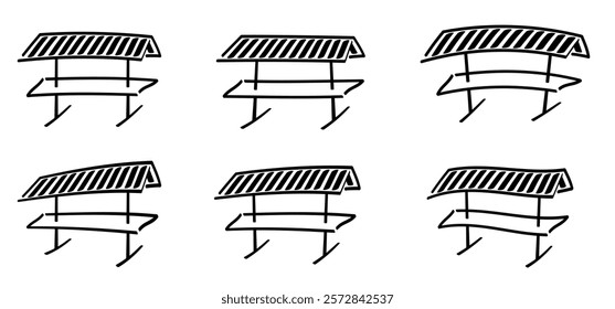 Cartoon mobile market stand icon. Street vendors. Line pattern. Street market stall with Awning for for selling various products. Street stall with black or red awning.