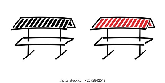 Cartoon mobile market stand icon. Street vendors. Line pattern. Street market stall with Awning for for selling various products. Street stall with black or red awning.