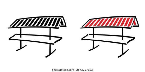 Cartoon mobile market stand icon. Street vendors. Line pattern. Street market stall with Awning for for selling various products. Street stall with black or red awning. canopy tent.