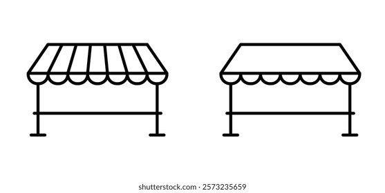 Cartoon mobile market stand icon. Street vendors. Line pattern. Street market stall with Awning for for selling various products. Street stall with black or awning.