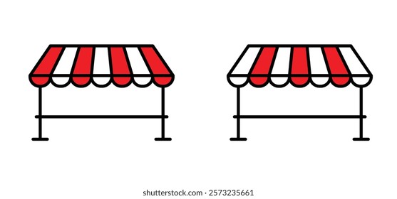 Cartoon mobile market stand icon. Street vendors. Line pattern. Street market stall with Awning for for selling various products. Street stall with black or awning.