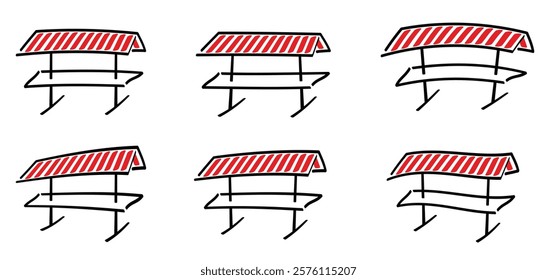 Cartoon mobile market stand icon. Street vendors. Line pattern. Street market stall with Awning for for selling various products. Street stall with black or red awning. canopy tent.