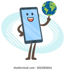 Cartoon Mobile Phone Character holding a planet on his index finger. Vector Illustration.