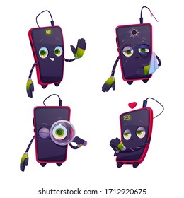 Cartoon mobile phone character set. Cute smartphone in different poses. Chat bot, funny cellphone mascot greeting, sad with broken glass and arm, seo technology, love dating online Vector illustration