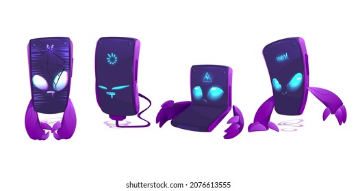 Cartoon mobile phone characters isolated set. Smartphone monster with glowing eyes and powerful arms. Mascot with broken glass screen, recharging, low and full battery energy, Vector illustration