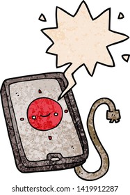 dispositivo móvil de dibujos animados con burbuja de voz en estilo de textura retro