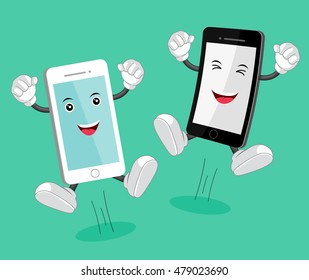 Cartoon mobile phone mascot. Smart phone character jumping with smile face. Illustration on green background.