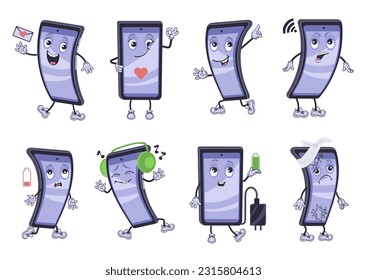 Caricatura de teléfono móvil. Mascota de Smart Device. Diferentes poses y acciones. Expresiones de emoción. gadgets multifuncionalidad. Comunicación móvil. Mensajes de conversación