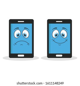 cartoon mobile phone with a smiling and sad face