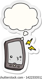 caricatura de teléfono móvil con burbuja de pensamiento como pegatina impresa