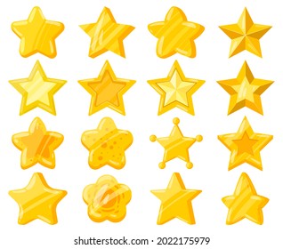 Cartoon mobile web game ui golden stars. Casual game interface shiny stars, yellow golden star trophies vector illustration set. Mobile game achievement reward, prize for completed level