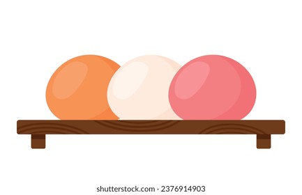 Cartoon Mochi Daifuku in traditional wooden plate for Japanese Food Dessert Menu Icon in Strawberry, Orange, Mango, Vanilla Flavors Matcha Icon Doodle Vector Illustration Isolated on White Background