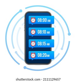 Cartoon mockup with black alarm smartphone. Smartphone mockup. Calendar reminder. Message notification icon.