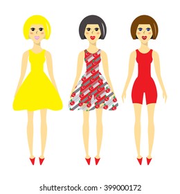 Cartoon model in different dresses, elegant fashion model in flat style. Beauties - twins in different outfits. Fancy dress for spring and summer collection
