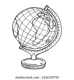 Cartoon model of the globe on a wooden leg, isolated on a white background black and white doodle vector illustration. Earth model for graphics, clipart, etc.