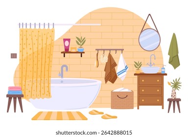 Cartoon modern bathroom. Cozy bathroom interior tub, rug and bathroom curtains flat vector illustration. Washroom interior