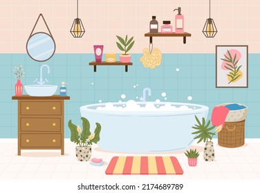 Cartoon modern bathroom interior with furniture, bath tub and potted plants. Washroom cozy interior, foamy bathtub, wash basin and towels vector illustration. Minimalist bathroom interior