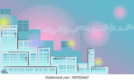 Cartoon modern city. Colourful urban landscape, flat urban property illustration. Hand-drawn vector illustration panorama, modern cityscape.