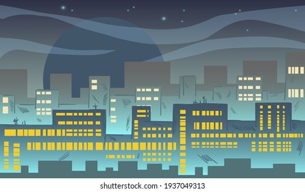 Cartoon modern city. Colourful urban landscape, flat urban property illustration. Hand-drawn vector illustration panorama, modern cityscape.