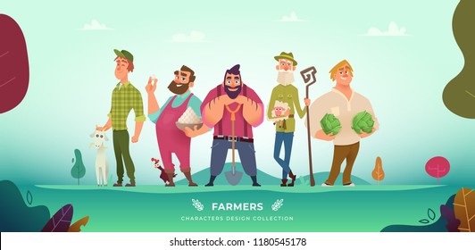 Cartoon modern collection of funny different farmers characters