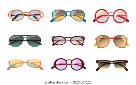 Cartoon Modern Colorful Summer Sunglasses Fashion Designs. Elegant Eye Glasses For Sunny Weather. Shades, Sun Spectacles, Eyewear Vector Set. Illustration Of Sunglasses Stylish, Glasses Isolated